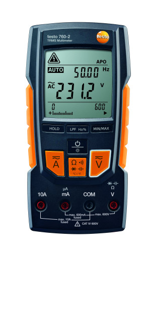testo 760-2, мультиметр с функцией измерения истинного СКЗ, 1 комплект измерительных щупов (0590 0010), 1 адаптер для термопар типа K, и инструкцию по эксплуатации